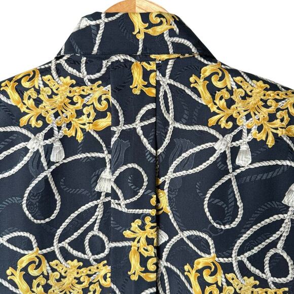 Vintage Pierre Cardin Black Gold Printed Button Up Blouse Cropped Long Sleeve, 6 - Picture 10 of 11